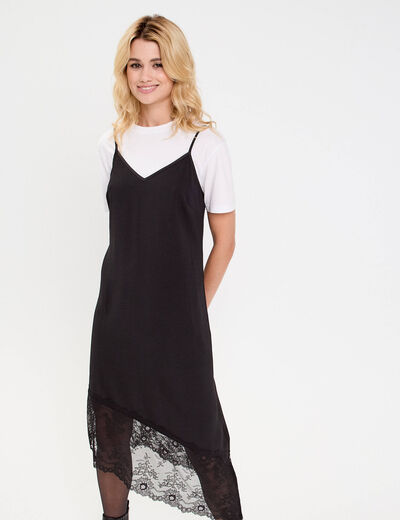 Robe longue droite col v satin&eacute;e noir femme