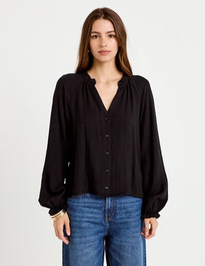 Blouse ample pliss&eacute;e manches longues noir femme