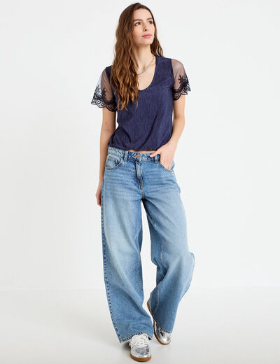 Blouse col v manches courtes dentelle bleu marine femme