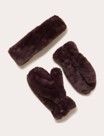 Set bandeau et gants fausse fourrure marron fonc&eacute; femme