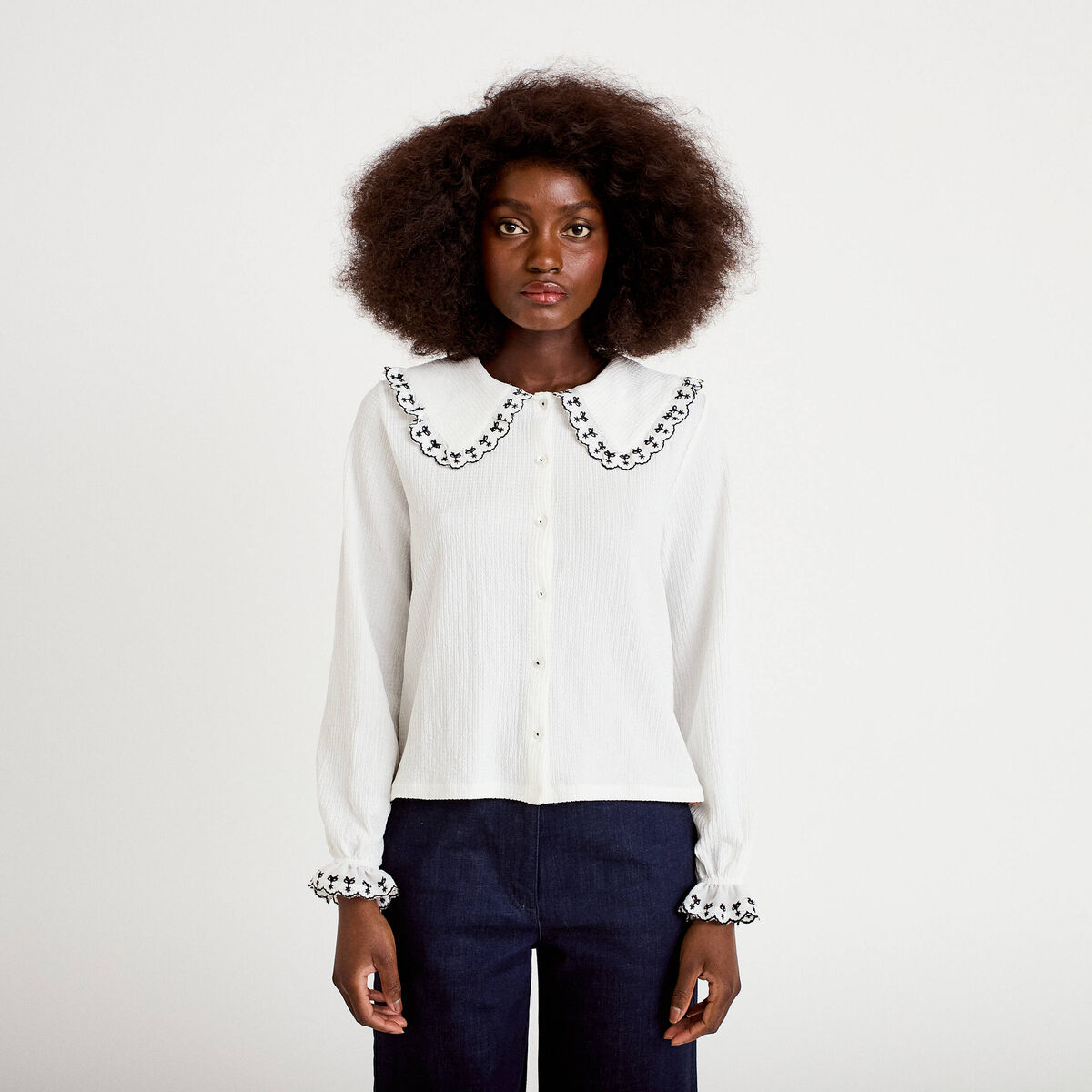 Blouse broderie manches longues ecru femme