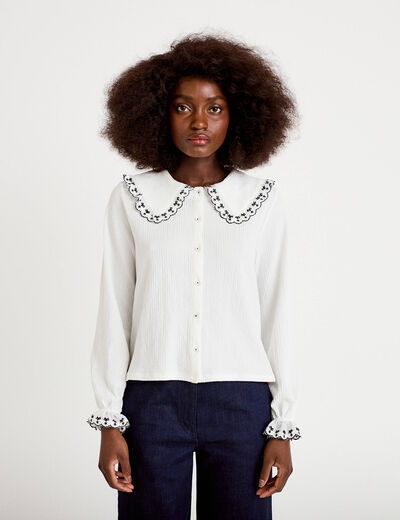 Blouse broderie manches longues ecru femme