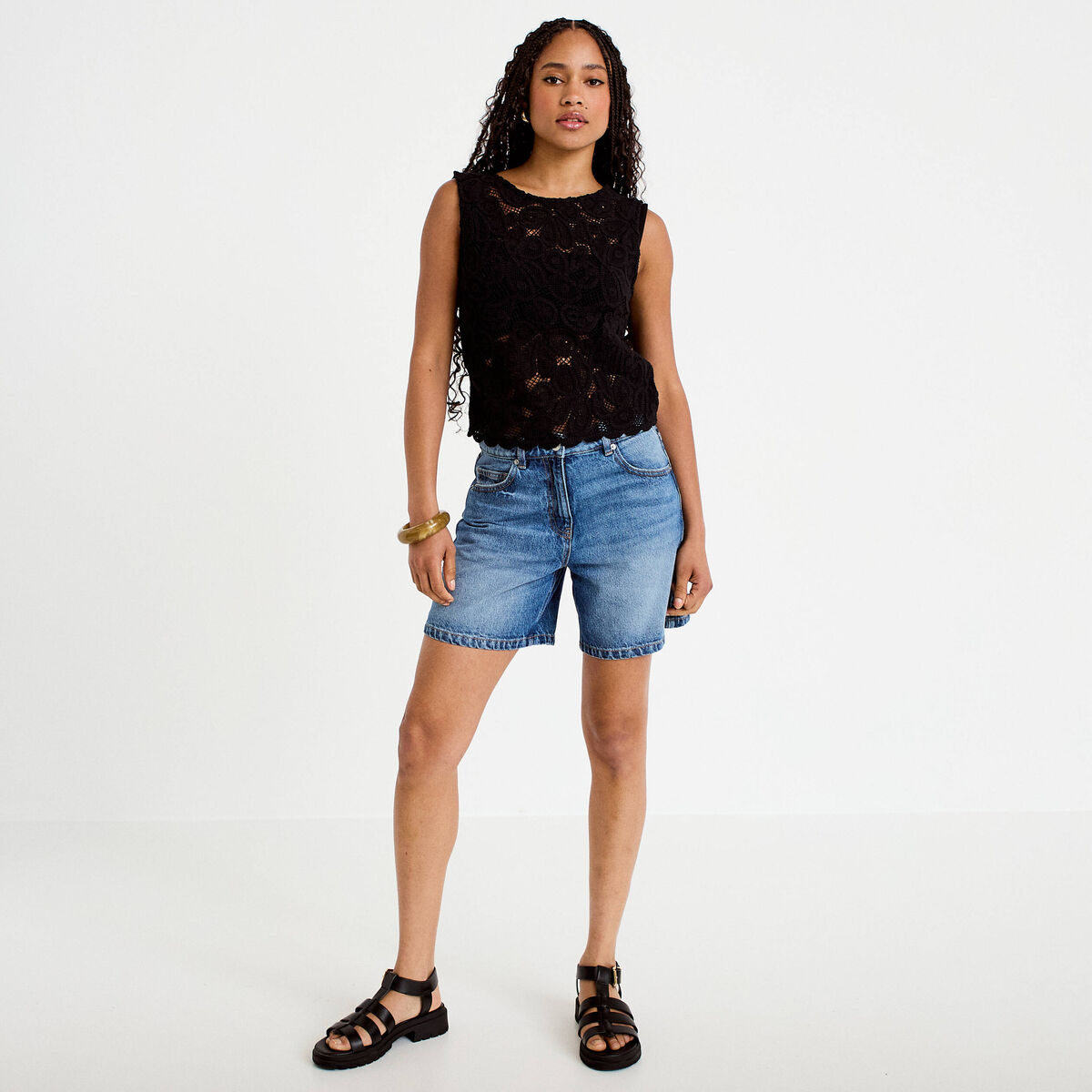D&eacute;bardeur col rond aspect dentelle noir femme