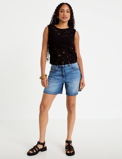 D&eacute;bardeur col rond aspect dentelle noir femme