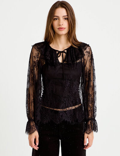 Blouse manches longues en dentelle noir femme
