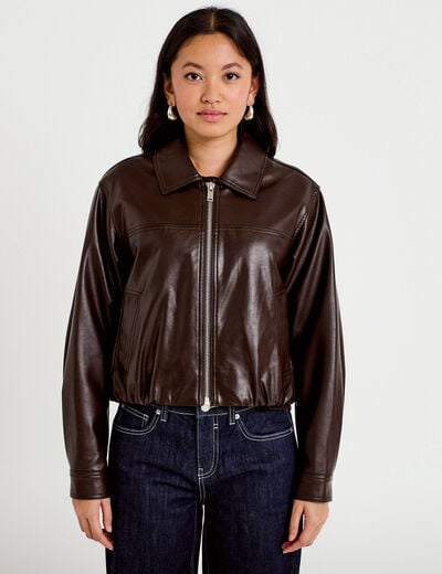 Veste effet boule manches longues marron fonc&eacute; femme