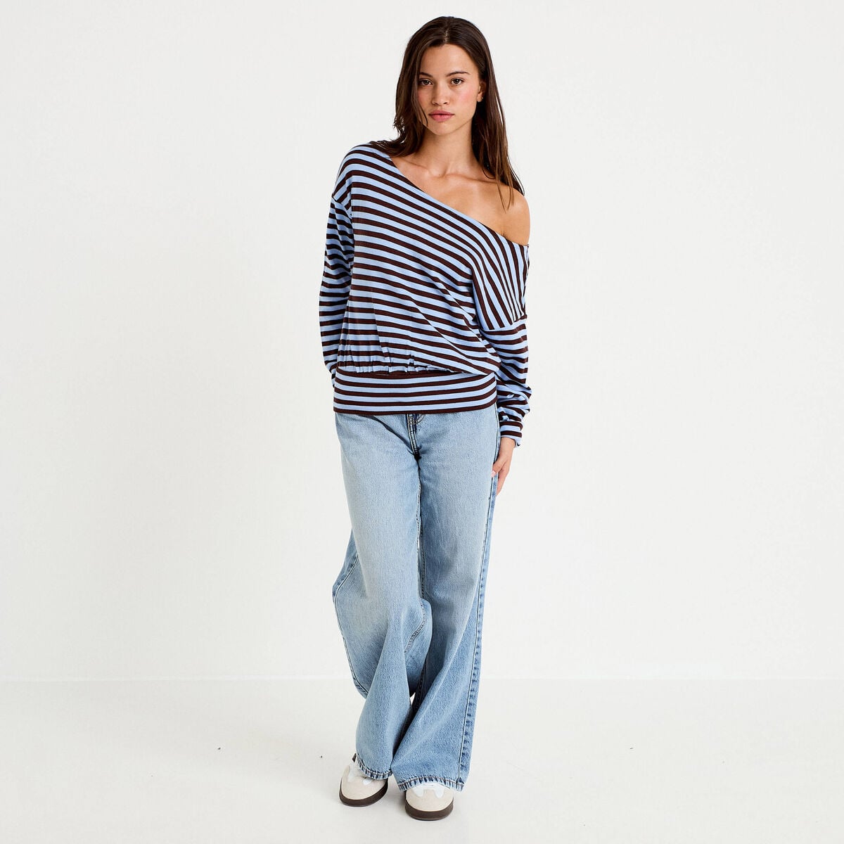T-shirt col bateau manches longues bleu femme