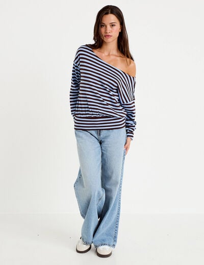T-shirt col bateau manches longues bleu femme