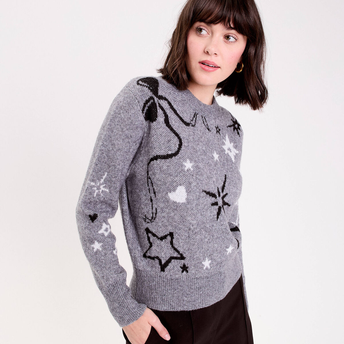 Pull manches longues gris fonc&eacute; femme