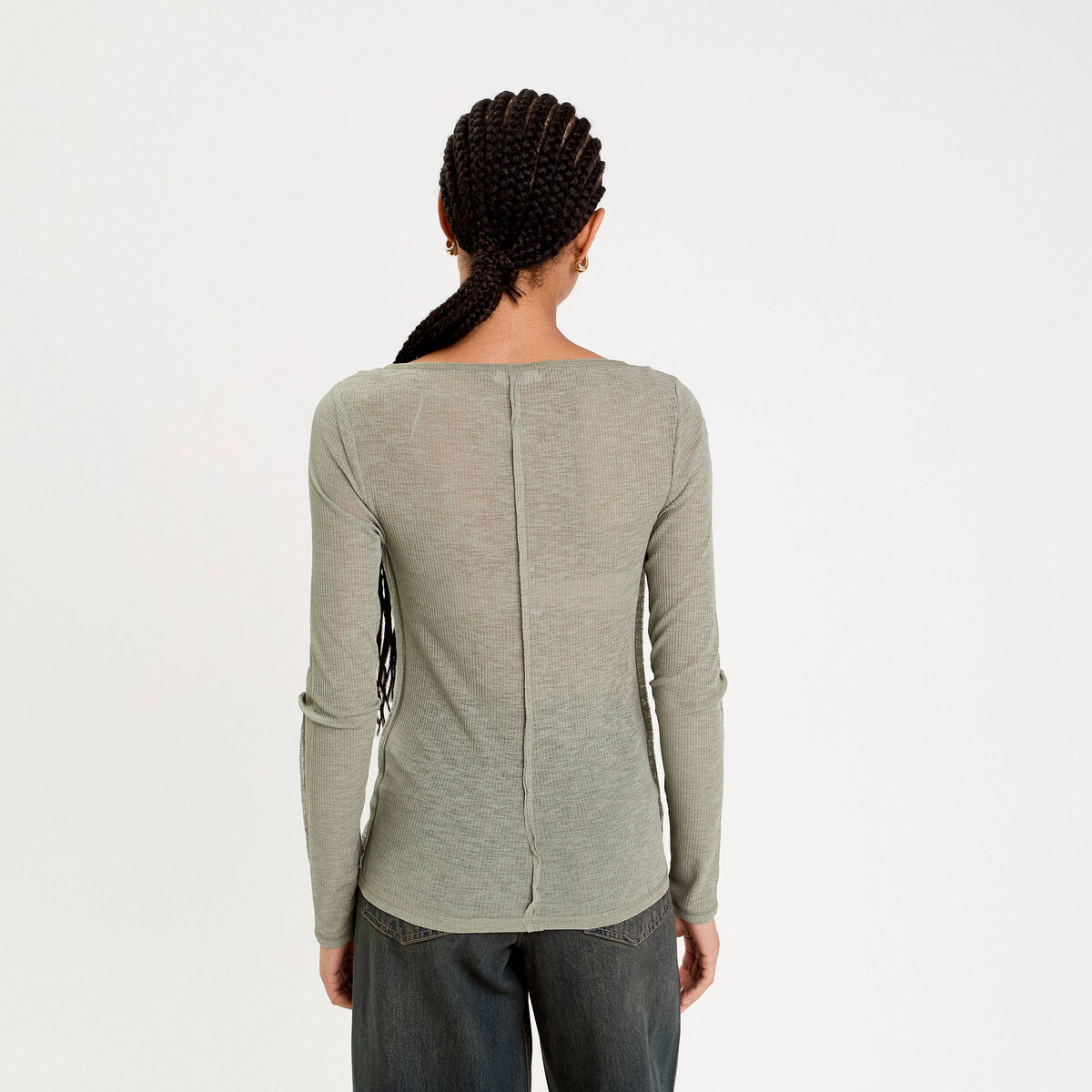 T-shirt cintr&eacute; col rond manches longues vert kaki femme