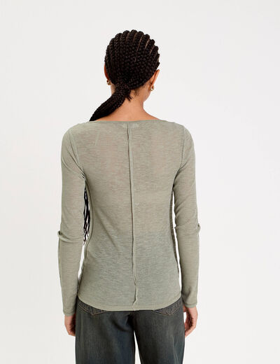 T-shirt cintr&eacute; col rond manches longues vert kaki femme