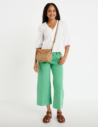 Jean wide leg cropped taille haute vert femme