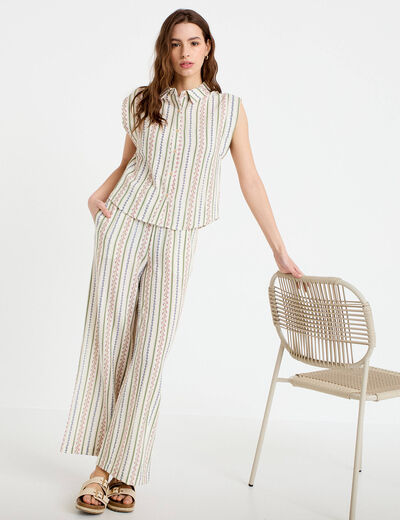 Pantalon large taille &eacute;lastiqu&eacute;e beige femme
