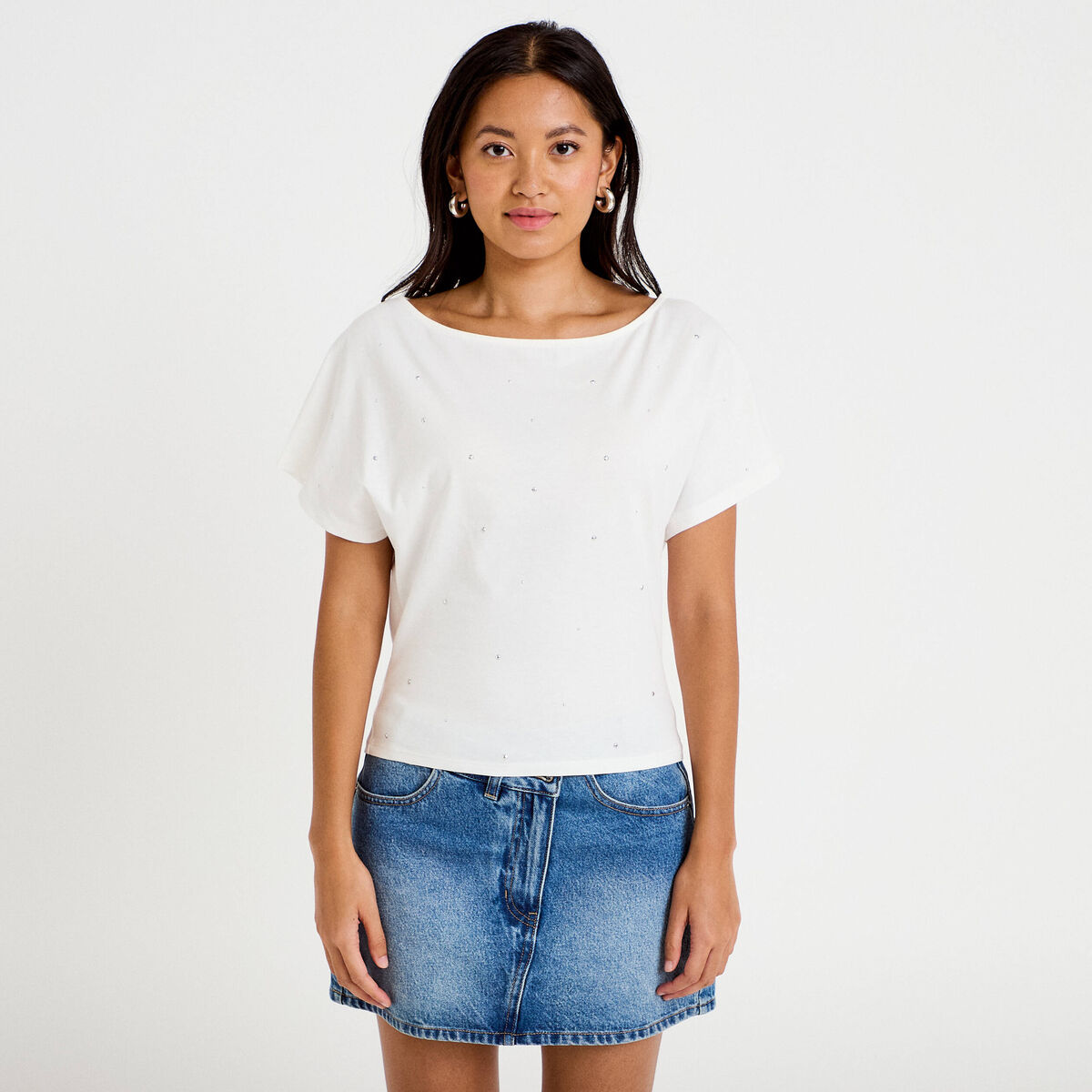 T-shirt col bateau manches courtes ecru femme