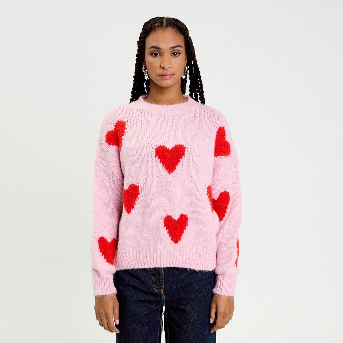 Pull oversize motif coeurs rose clair femme