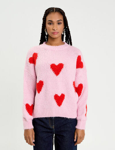Pull oversize motif coeurs rose clair femme