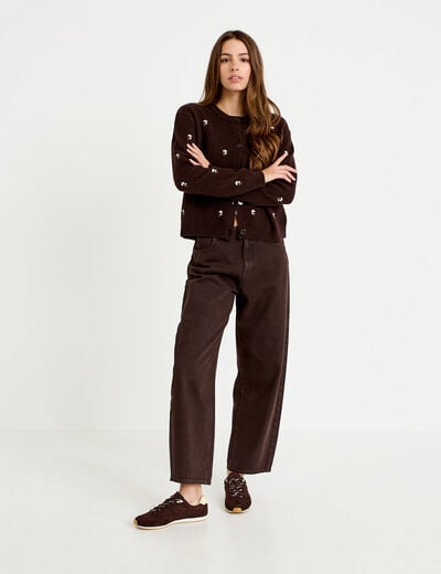 Gilet manches longues broderies col rond marron fonc&eacute; femme