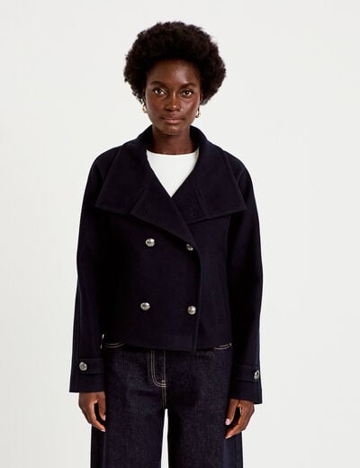 Caban droit col montant manches longues bleu marine femme