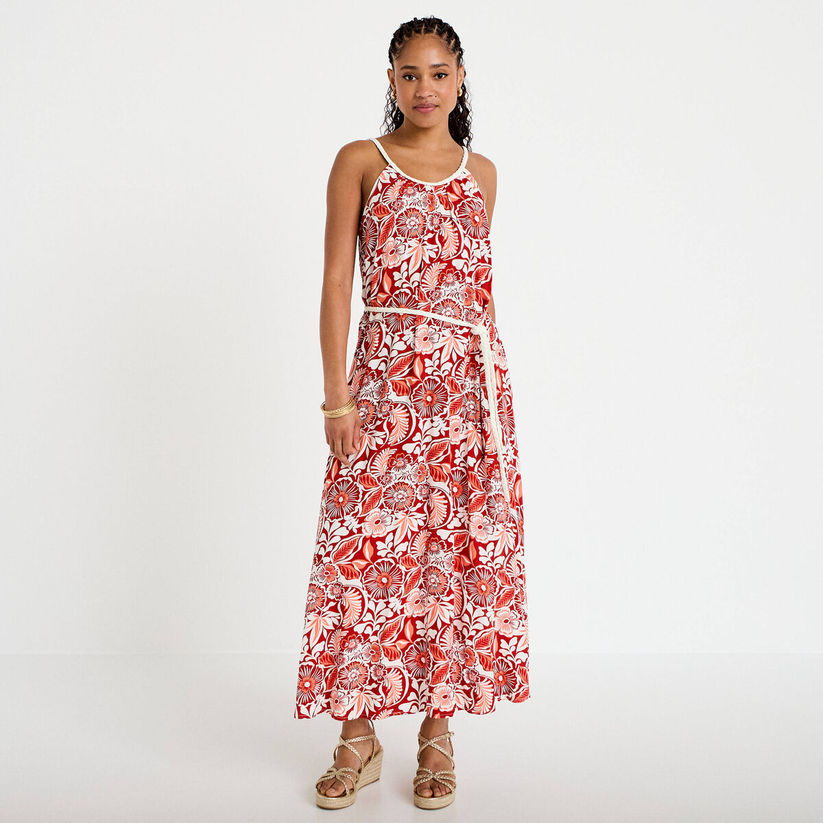 Robe longue &eacute;vas&eacute;e bretelles fines rouge femme
