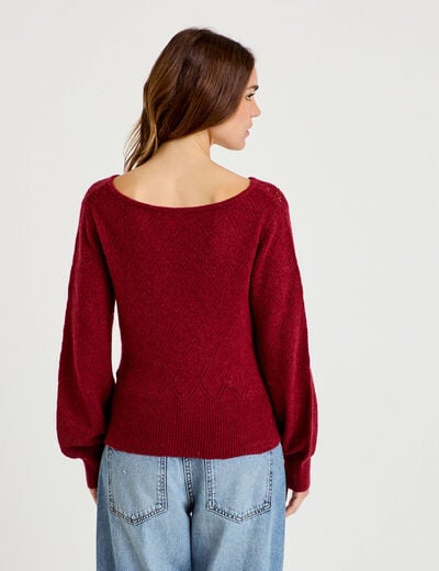 Pull ajour&eacute; col bateau manches longues rouge fonc&eacute; femme