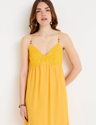 Robe bi-mati&egrave;re col v bretelles fines orange clair femme