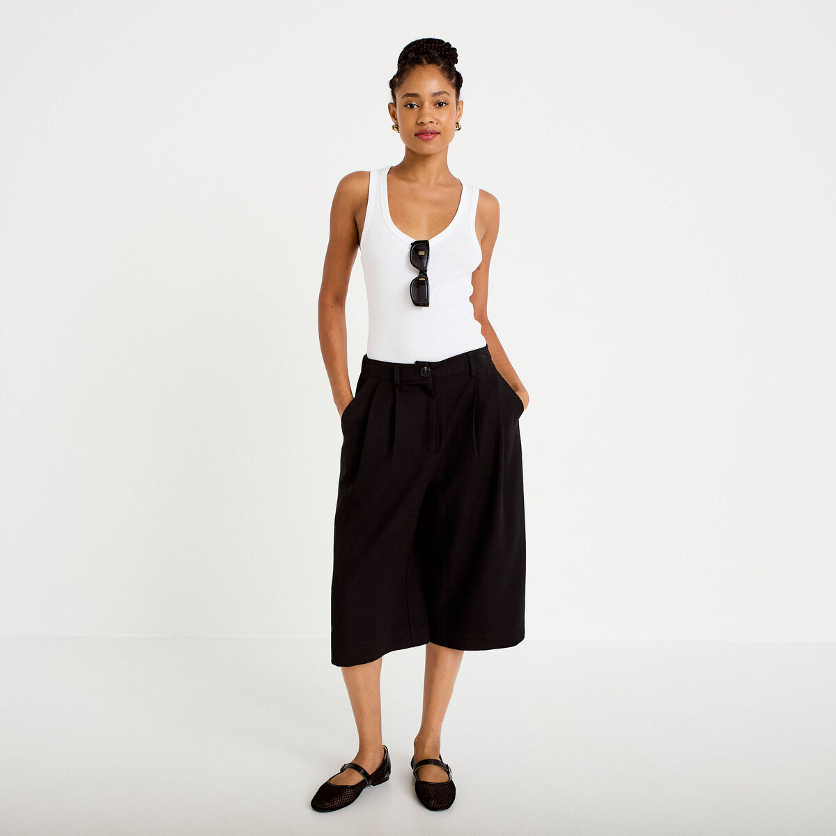 Bermuda large taille haute noir femme