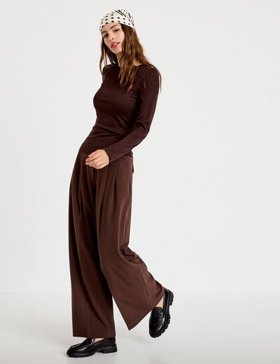 Pantalon large &agrave; pinces marron femme