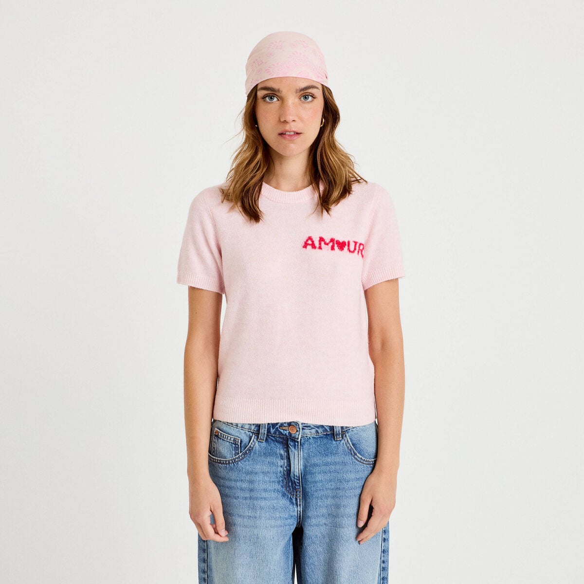 Pull ample manches courtes rose clair femme
