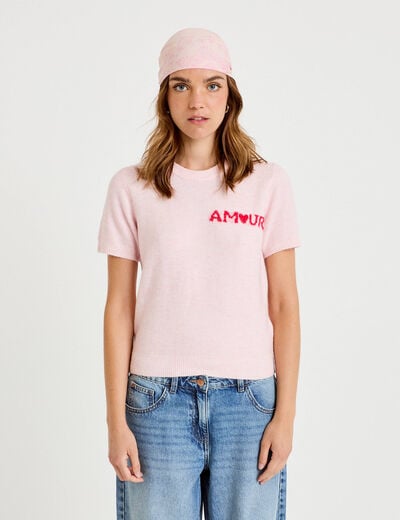Pull ample manches courtes rose clair femme