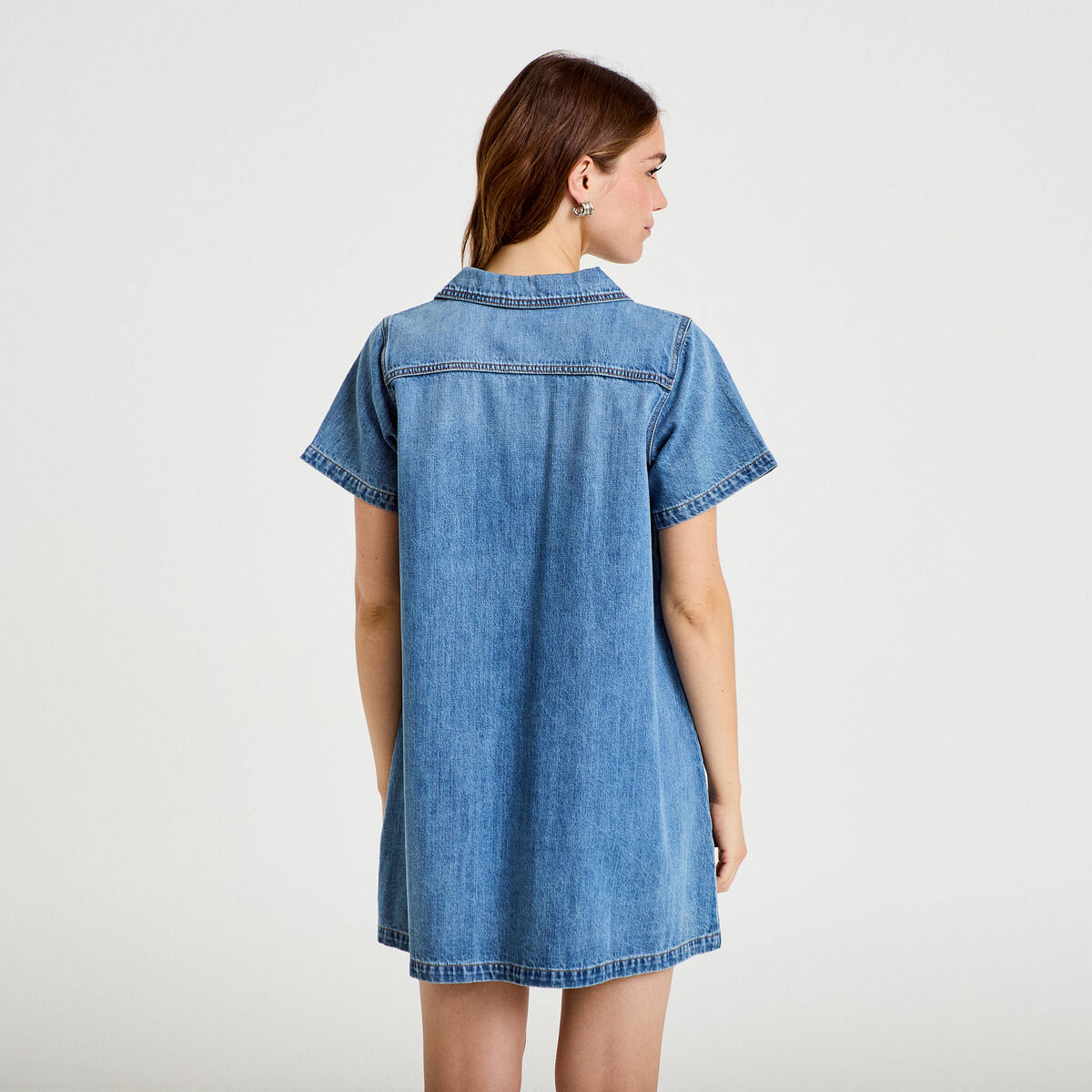 Robe trap&egrave;ze courte en jean col chemise denim double stone femme