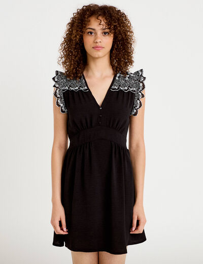 Robe courte &eacute;vas&eacute;e col v manches courtes noir femme