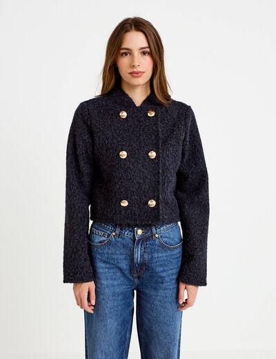 Veste droite cropped effet polaire bleu marine femme