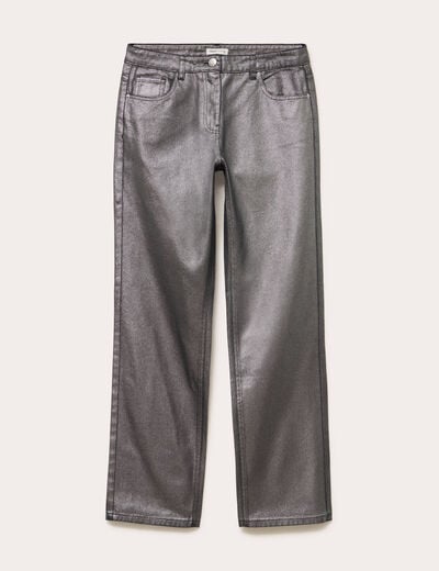 Pantalon droit enduit gris argent femme