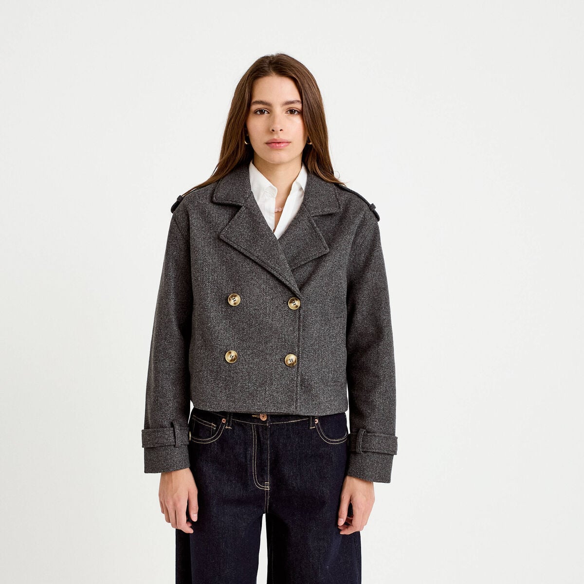 Trench droit court col tailleur gris femme