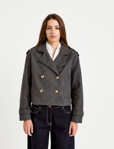 Trench droit court col tailleur gris femme