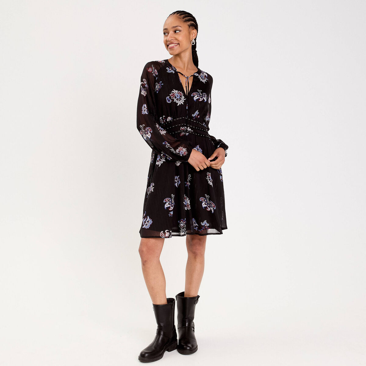 Robe courte &eacute;vas&eacute;e col v manches longues bleu fonc&eacute; femme