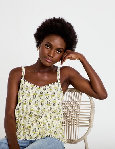 Top cintr&eacute; &agrave; fines bretelles col carr&eacute; blanc femme