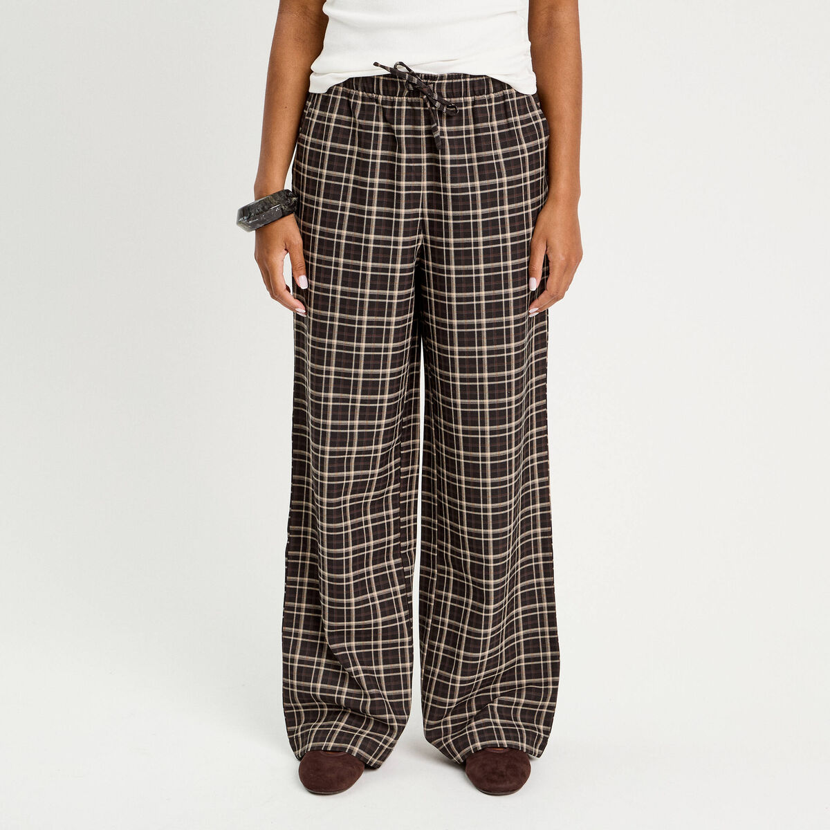Pantalon large &eacute;lastiqu&eacute; marron chocolat femme