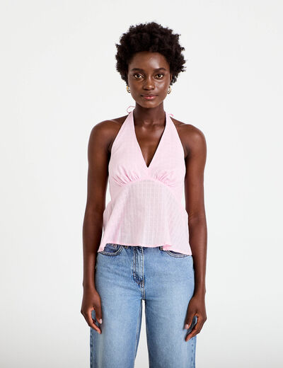 Top ajust&eacute; col v fines bretelles rose clair femme