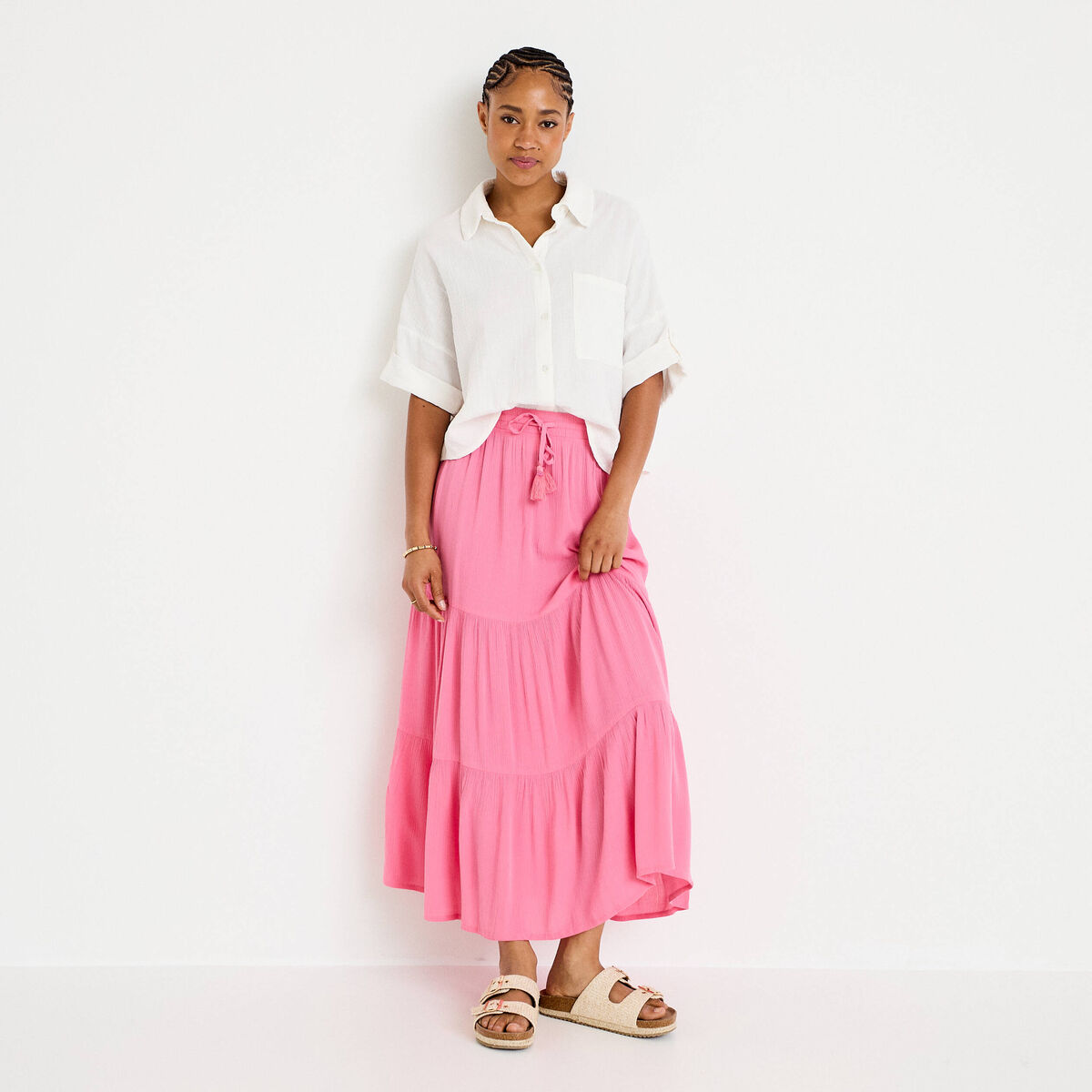 Jupe longue pliss&eacute;e &eacute;vas&eacute;e rose vif femme