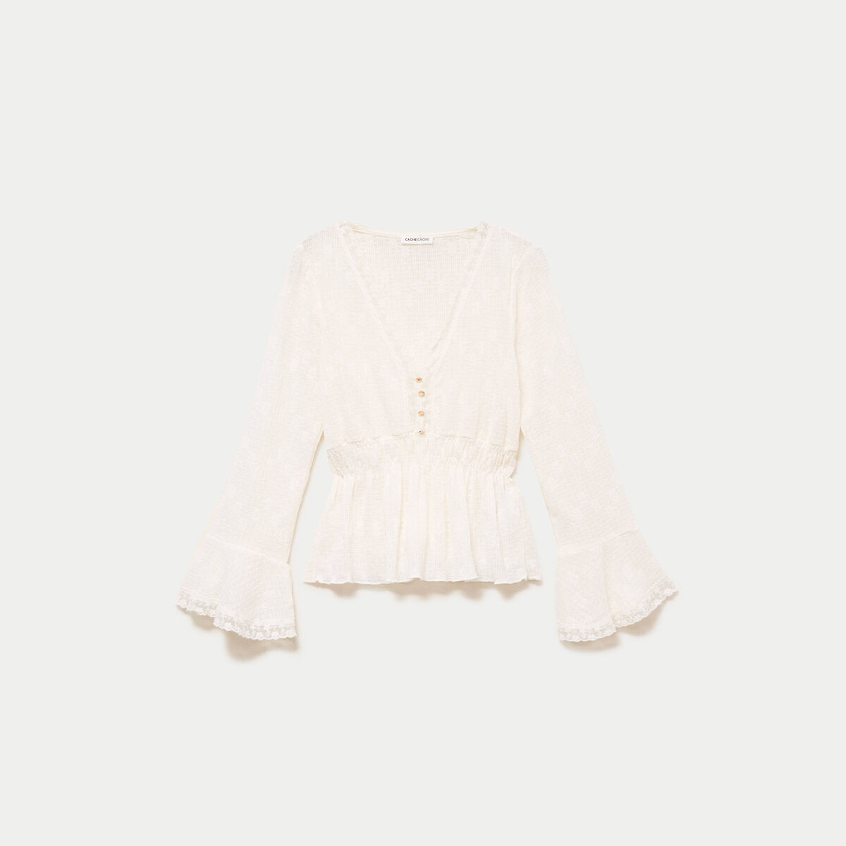 Blouse ajust&eacute;e col v manches longues ecru femme