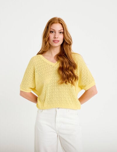Pull ajour&eacute; col v manches courtes jaune pastel femme