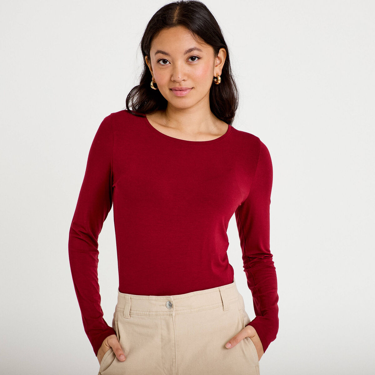 T-shirt uni &agrave; manches longues rouge femme