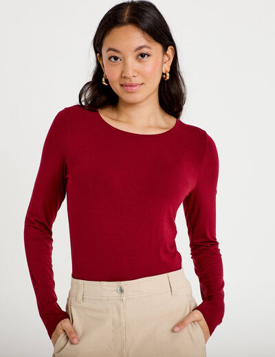 T-shirt uni &agrave; manches longues rouge femme