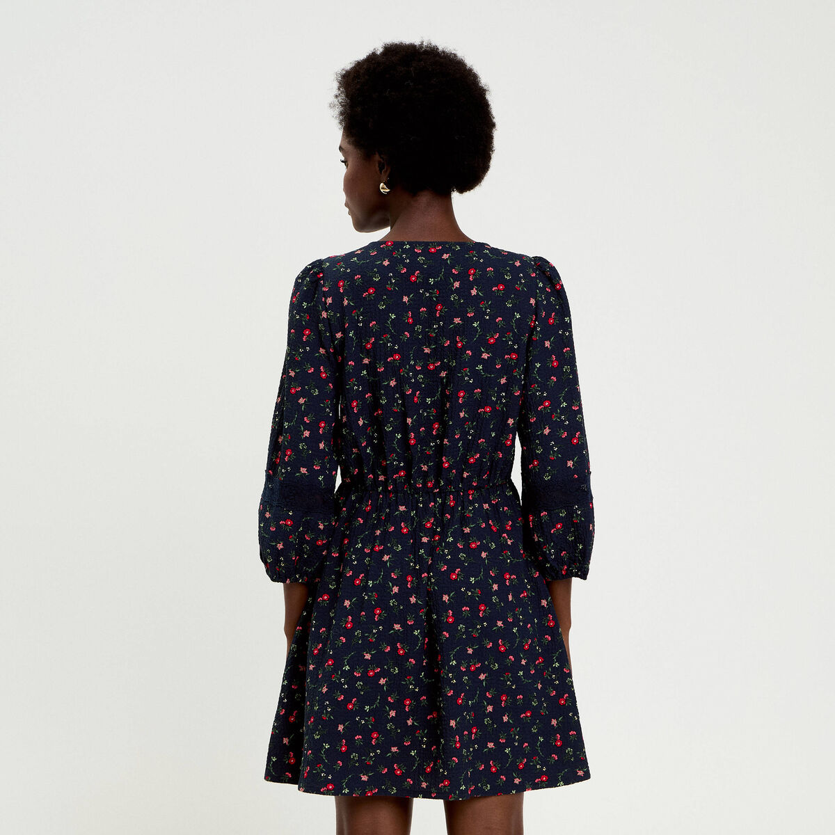 Robe &eacute;vas&eacute;e col v manches longues bleu marine femme