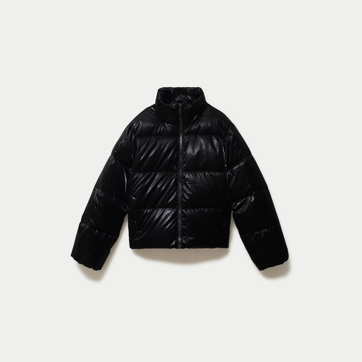 Doudoune cropped col montant brillante noir femme