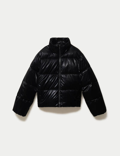 Doudoune cropped col montant brillante noir femme