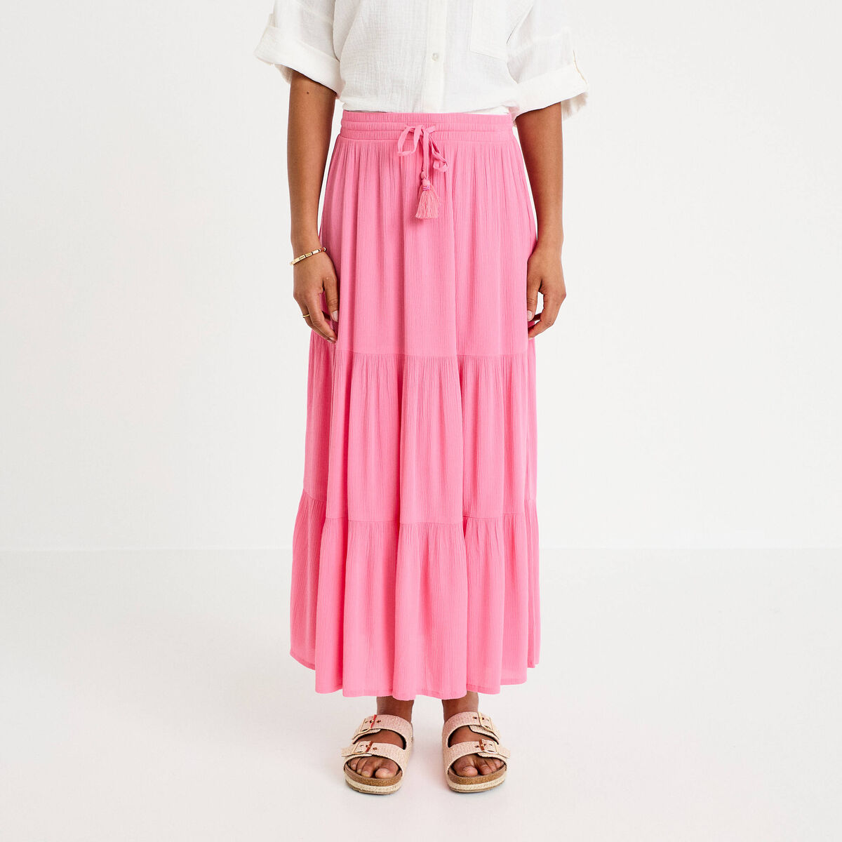 Jupe longue pliss&eacute;e &eacute;vas&eacute;e rose vif femme