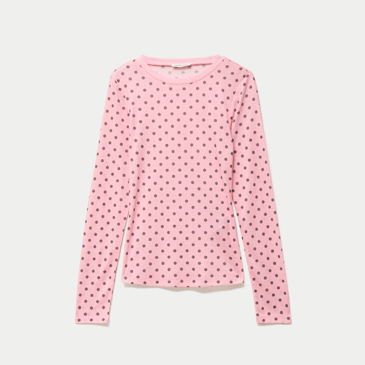 T-shirt ajust&eacute; col rond manches longues rose corail femme