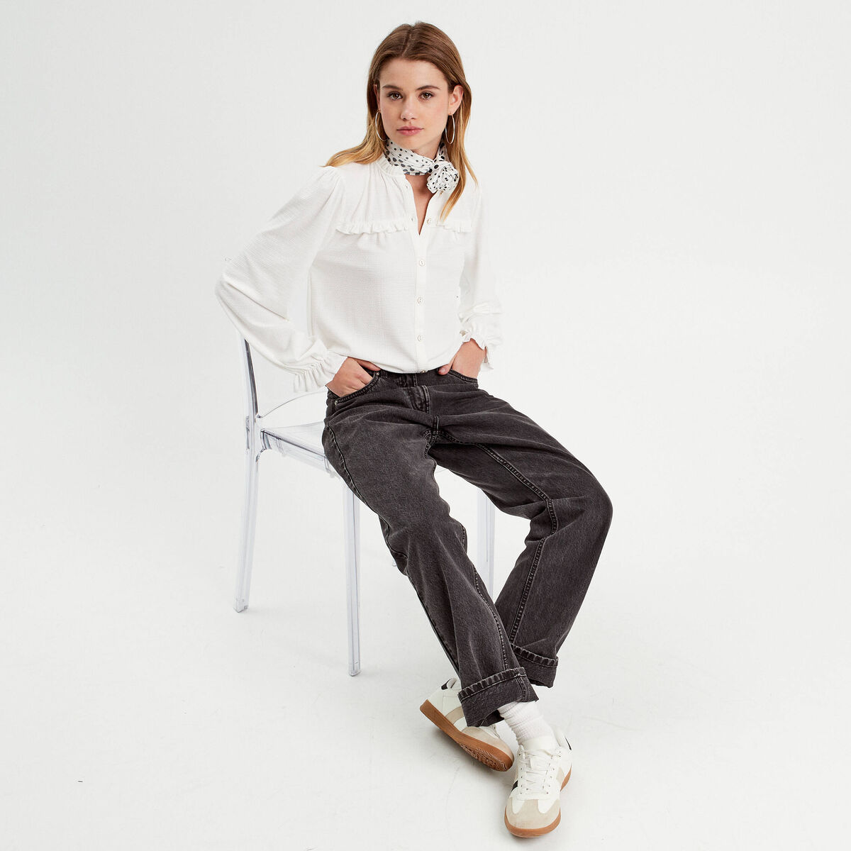 Blouse d&eacute;tails volants ecru femme